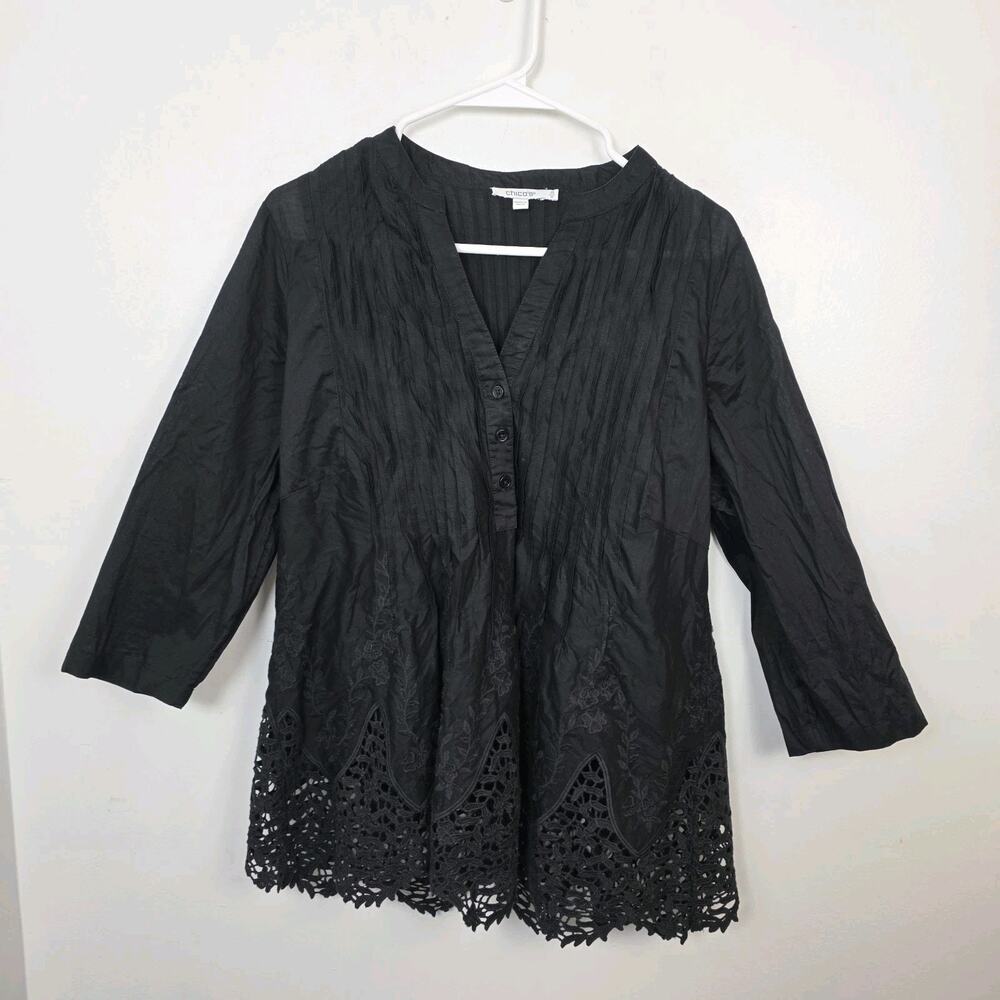 Chico's Black 3/4 Sleeve Feminine Dainty Modest Palm Tree Tunic Blouse Size 10